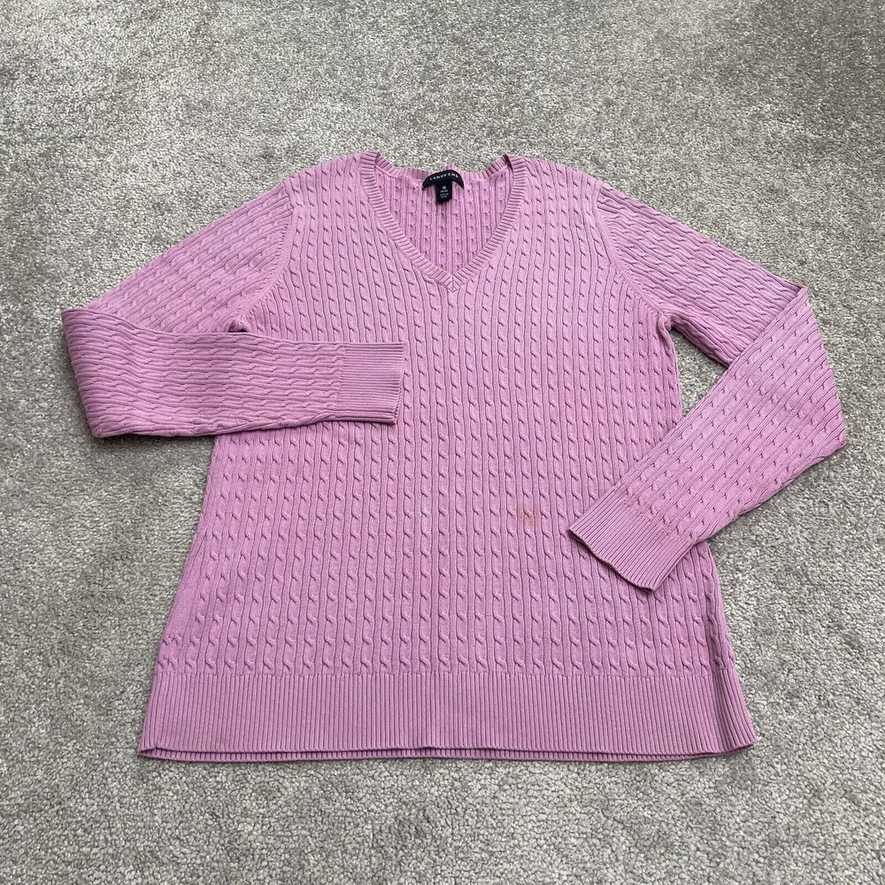 Lands' End V-Neck Pullover Sweater Womens Medium Purple Cable Knit Casual Cotton